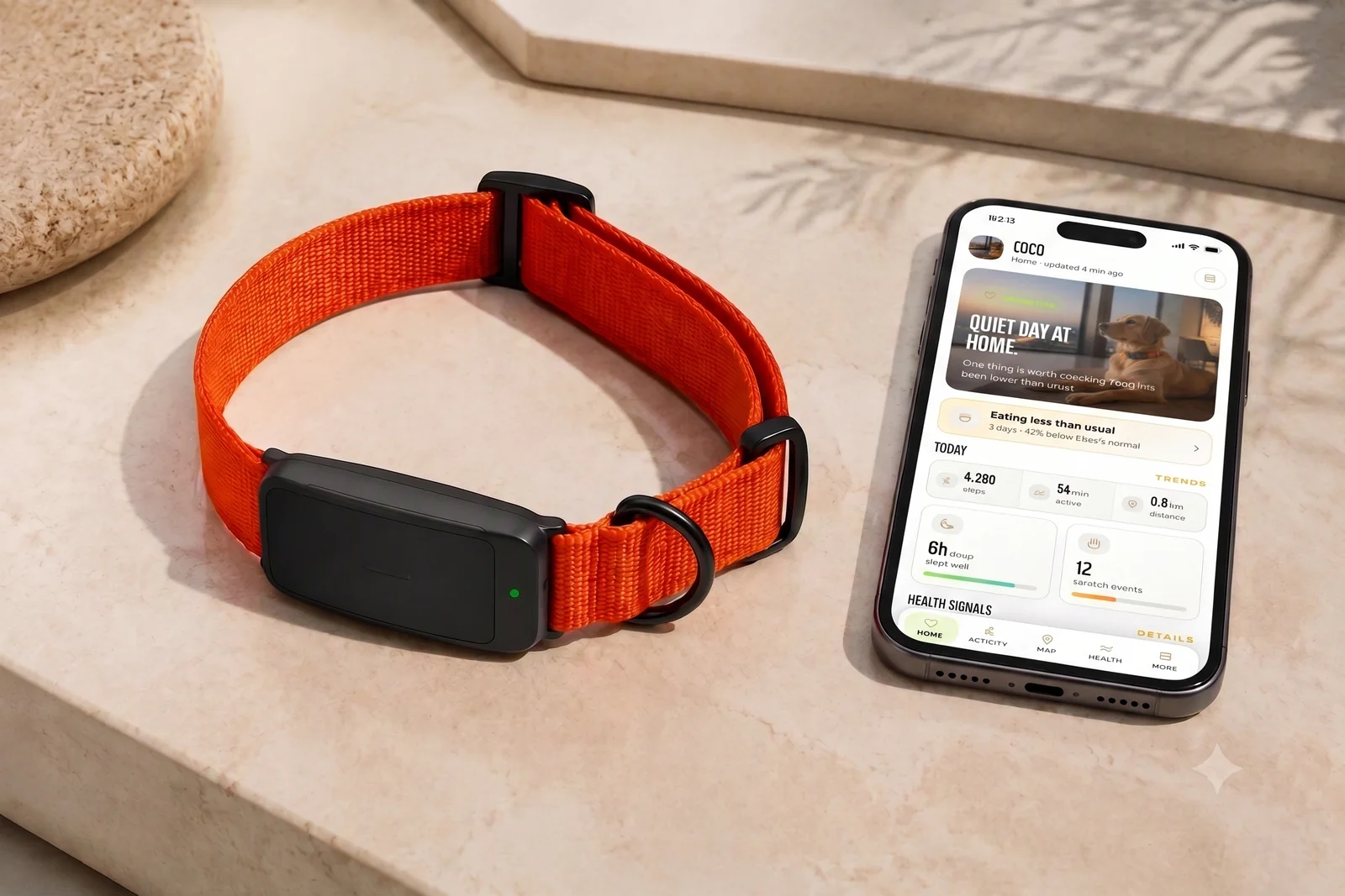 The PawSense collar beside the companion app showing Coco's home screen