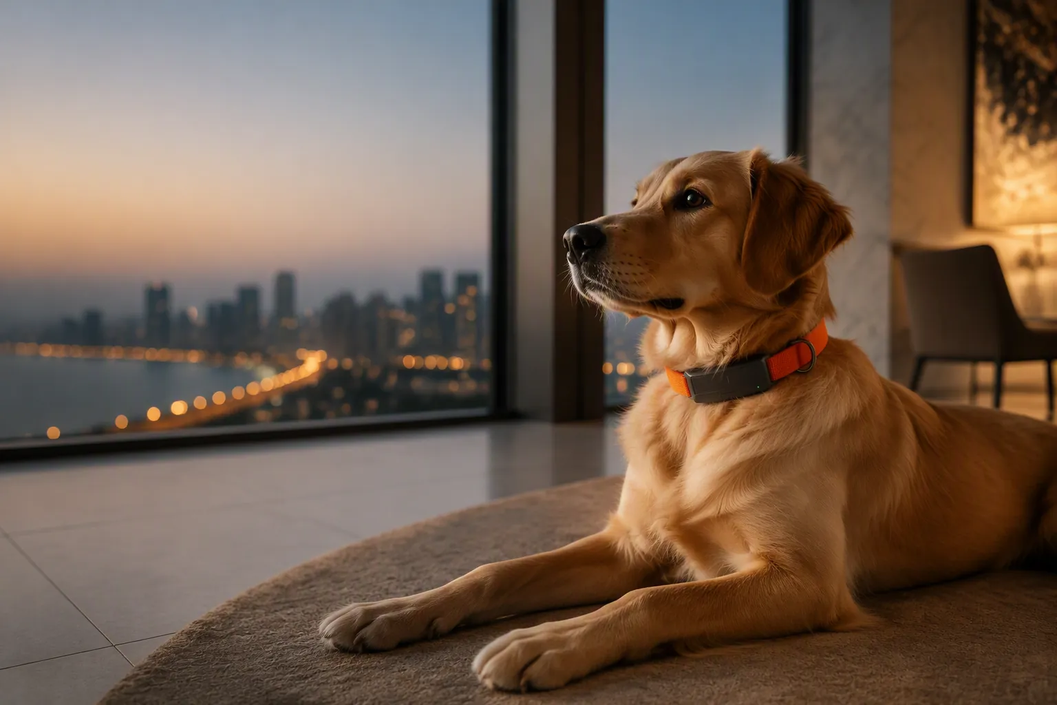 A calm dog wearing the PawSense collar, resting by a city window at dusk